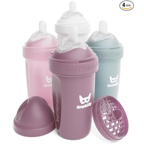 Herobility Anti-Colic Baby Bottles 8.5 fl oz/240ml - Pack of 4 Plastic Baby Bottles, Slow Flow Plastic Bottles, Breast-Shaped Teat for Breastfed Babies – Multicolor – White, Gray, Pink, Hawthorn Rose