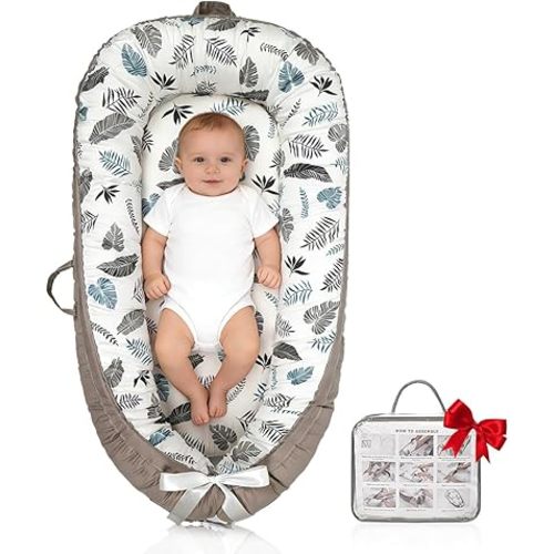 Infant Support Cushion | Baby Support Cushion for Newborn | Reversible, Adjustable & Portable Tummy Time Mat for Home and Travel | Soft, Breathable, Washable Cover | Grey Leaves