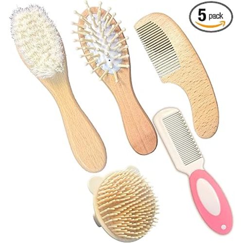5PCS Baby Brush and Comb Set, Baby Hair Brush with Soft Goat Bristles, Cradle Cap Brush for Cradle Cap Care, Baby Care Essentials for Newborns, Toddlers, Girls and Boys