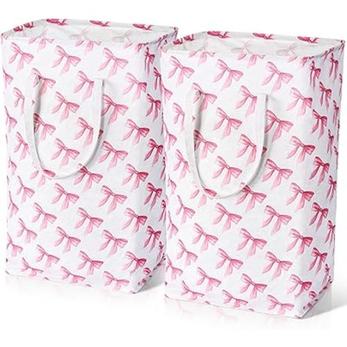 Leinuosen 2 Pieces Pink Laundry Basket Coquette Pink Bow Basket Large Collapsible Laundry Baskets Cute Bow Nursery Clothes Hamper Waterproof Nursery Hamper Room Organization for Bedroom Decor