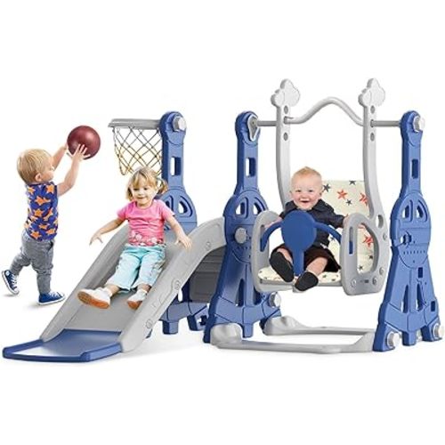 BIERUM 4 in 1 Toddler Slide and Swing Set, Baby Slide for Toddlers Age 1-2, with Basketball Hoop, Indoor Outdoor Toddler Playset Blue