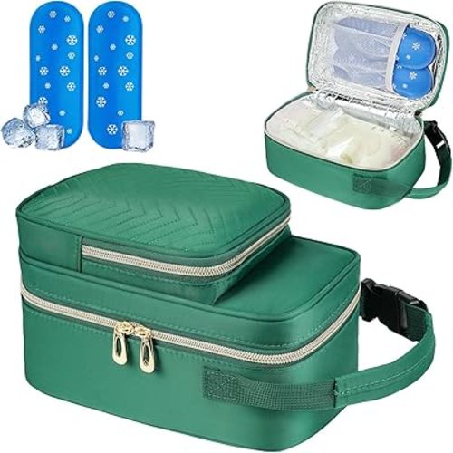 Breastmilk Cooler Travel Bag with Ice Pack,Portable Breastmilk Cooler Bag with Buckle Handle,Insulated Breastmilk Storage Bag Cooler,Green