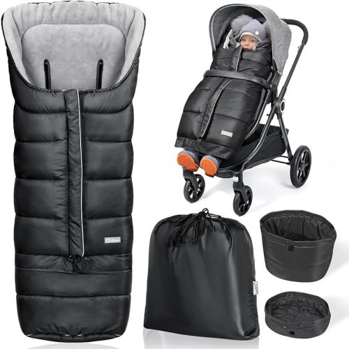 Orzbow Universal Stroller Bunting Bag with Extra Footmuff for Toddler, Kids, Warm Waterproof Stroller Blanket, Winter Cover, Baby Bunting Bag - Protect Babies from Cold Winds, Black