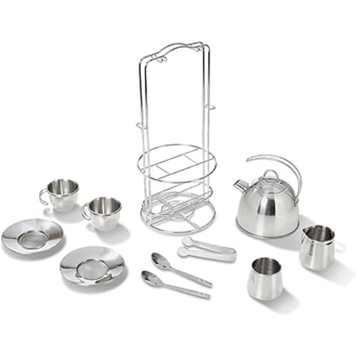 Melissa & Doug Stainless Steel Pretend Play Tea Set and Storage Rack for Kids (11 pcs)