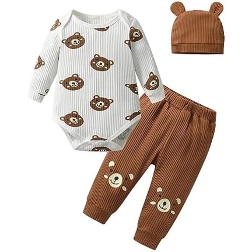 Newborn Baby Boys Outfits Print Long Sleeve Romper Bodysuit+Pants+Hat 3pcs Outfits Clothing Sets