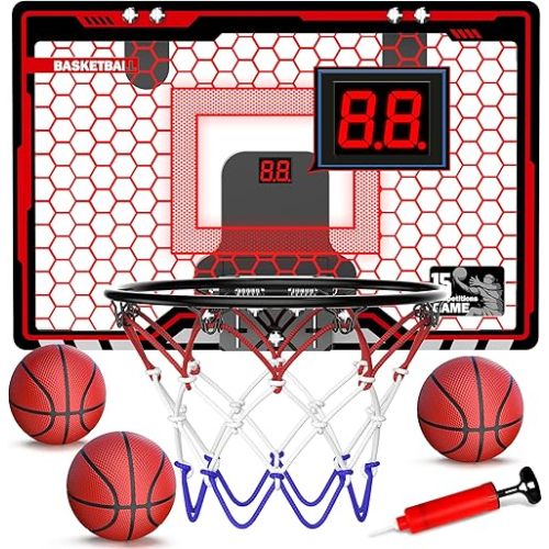 HopeRock Indoor Basketball Hoop for Kids, Over The Door Mini Basketball Hoops, with LED Light, Scoreboard, Birthday Toys Gifts for 5 6 7 8 9 10 11 12+ Year Old Boys