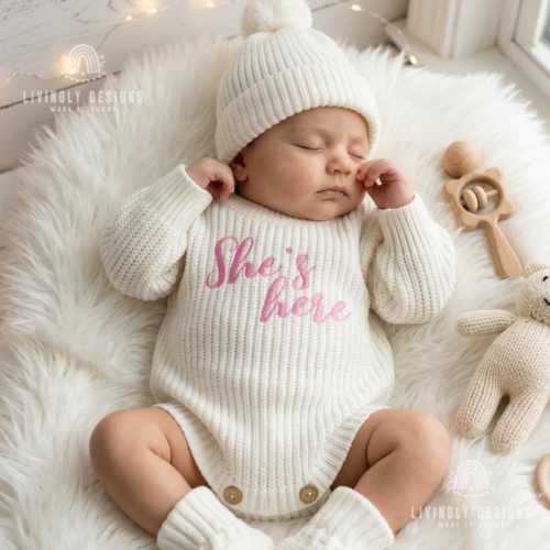 Custom Knit Baby Announcement Sweater: He’s Here / She’s Here Outfit