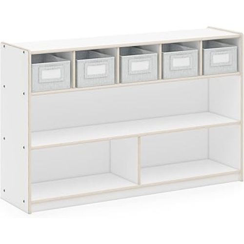 Guidecraft EdQ Shelves and 5 Bin Storage Unit- White: Multi-Functional and Space Saving Wooden Cabinet for School and Home, Teacher's Book Cubby and Toy Shelf