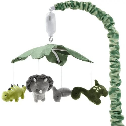 The Peanutshell Crib Mobile for Boys or Girls - Grey and Green Camo Musical Baby Crib Mobile with 12 Lullabies, Dino Baby Dinosaur Nursery Decor