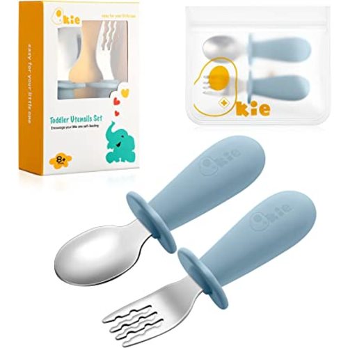 Toddler Utensils, Toddler Forks and Spoons, Baby Spoons Self Feeding, Stainless Steel Baby Silverware with BPA Free Silicone Easy Grip, 8 Months+