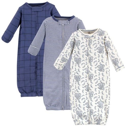 Touched by Nature Baby Boys Organic Cotton Zipper Long-Sleeve Gowns 3pk, Elephant, 0-6 Months