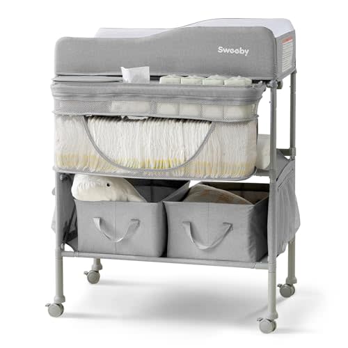 Sweeby Portable Baby Changing Table, 4 Position Height Adjustable with Lockable Wheels, 2 Storage Basket for Essentials, Waterproof Diaper Changing Tables Station Pad Topper,Light Gray
