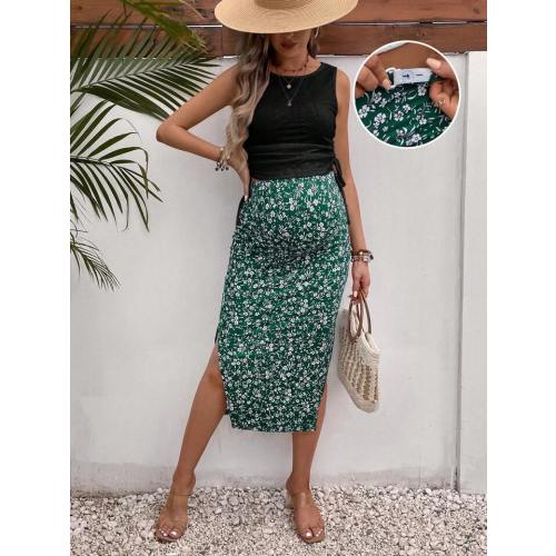 SHEIN Maternity Drawstring Side Tank Top And Adjustable Waist Floral Skirt 2pcs Set