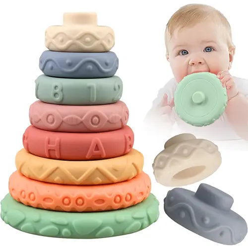 miawow 8 Pcs Stacking Rings Soft Toys for Babies Newborn 0 3 4 5 6 12 18 Months 1 Year Old Girls Boys - Toddler Sensory Educational Montessori Baby Blocks - Infant Development Teething Learning Tower