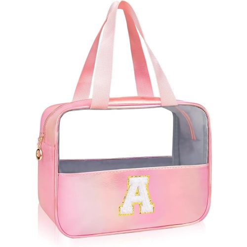 Initial Clear Makeup Bag Personalized Pink Clear Cosmetic Bag, Cute Large Make Up Bags Organizer Bag, Travel Toiletry Bag for Women Girl Gifts A (Pink)
