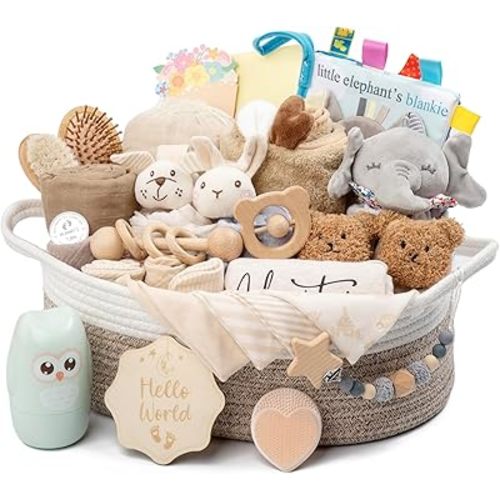 30 Piece Baby Gift Basket – Luxury Curated Baby Girl Gift Basket for Newborn, Premium All-in-One Baby Shower Gift Set, Essentials with Keepsakes for First Moments (Khaki)