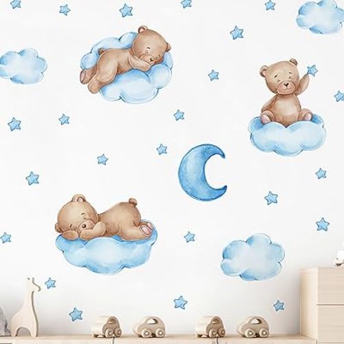 Cute Blue Sleeping Baby Bear Wall Stickers, sacinora Moon and Stars DIY Art Wall Decals Removable Vinyl Peel and Stick for Boys Kids Baby Nursery Bedroom Toddler Room Kindergarten Decorations