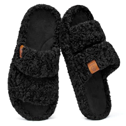 EverFoams Womens Fuzzy Open-toe Slippers Soft Comfy Memory Foam Indoor House Shoes