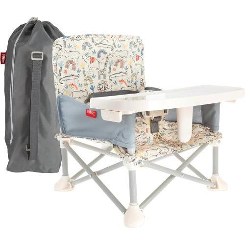 Nuby Pop-Up Booster Seat with Removable Tray - 6+ Months - Portable Booster Seat for Floor for Indoor/Outdoor Use - 3-Point Safety Adjustable Straps - Summer Travel Essentials - Safari