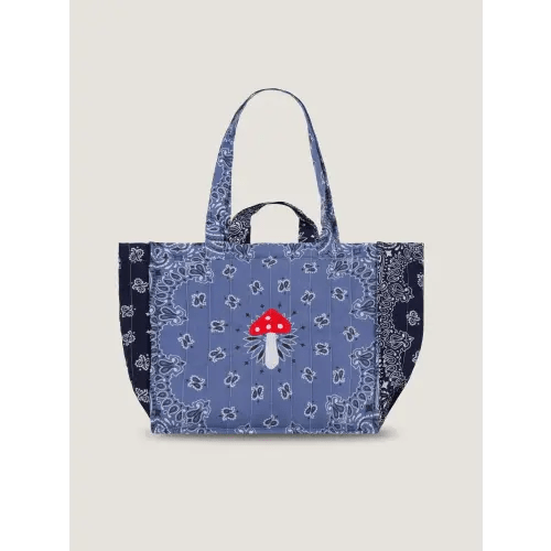 Medium Quilted Tote Bag - MUSHROOM - Chambray / Navy