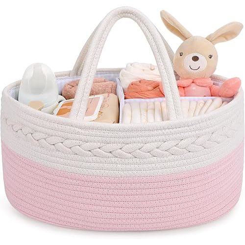 Maliton Diaper Caddy for Baby Girl-Cotton Rope Diaper Caddy, Diaper Organizer for Changing Table, Portable Baby Basket for Storage Baby Stuff, Newborn Registry Must Have Items