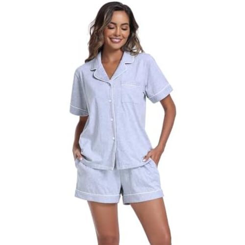 ANLIQI Womens 100% Cotton Pajama Sets Shorts Soft Short Sleeve Pj Sets Summer Pajamas for Women Button Down Sleepwear S-XXL