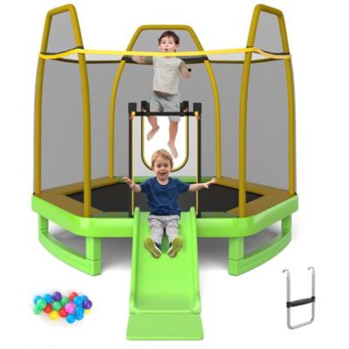 Costway 7FT Kids Recreational Trampoline w/Ladder & Slide Ocean Ball Indoor Outdoor ASTM Green