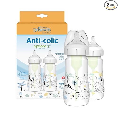 Dr. Brown's Anti-Colic Options + Wide-Neck Baby Bottle Designer Edition Dino Decos, 9oz/270mL, Level 1 Slow Flow Nipple, BPA-Free, 0m+, 2-Pack
