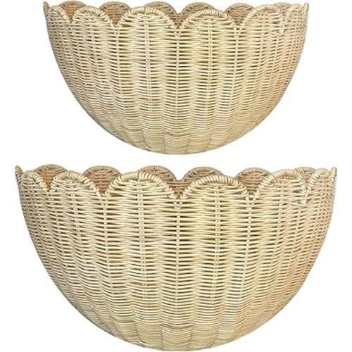 Scalloped Wall Basket, 2pcs Hand Woven Hanging Wicker Wall Baskets Set, Scalloped Rattan Wall Storage & Decor for Home, Bathroom, Kitchen, Living Room (16 x 12 x 7 & 14 x 8 x 6 Inch)