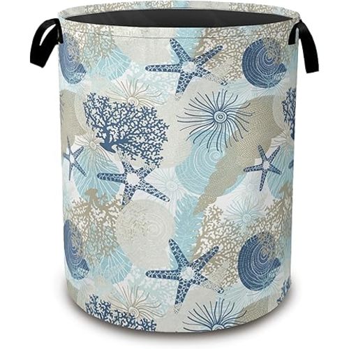 Large Laundry Basket,Corals Seashells Collapsible Laundry Baskets,Cute Algae Waterproof Oxford Hamper with Handles for Bathroom Bedroom Nursery Home Storage 16"x20"