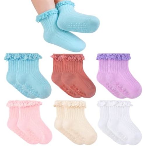 Baby Girl Ruffle Socks with Grips Soft Cotton Non Slip Ankle Socks