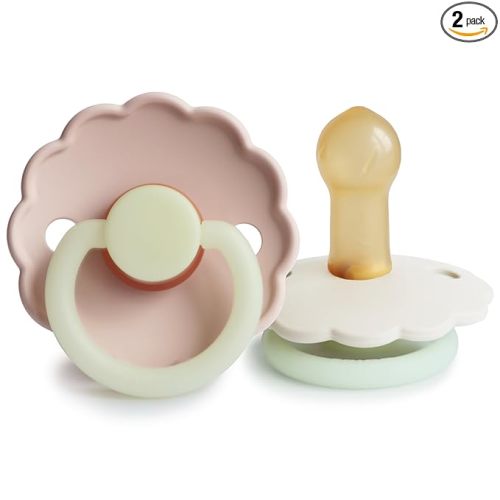 FRIGG Daisy Night Natural Rubber Baby Pacifier | Made in Denmark | BPA-Free (Blush/Cream, 6-18 Months) 2-Pack