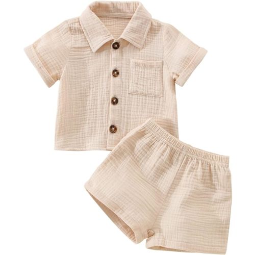 Baby Boys Clothes Set Toddler Infant Boys Button-down Shirt Tops + Cotton Gauze Shorts Summer Outfit 2PCS with Pockets