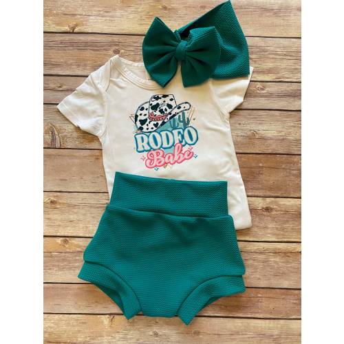 New Release! RODEO BABE Baby Girl Soft Knit Bummies and Bow Set - turquoise bummies and bow
