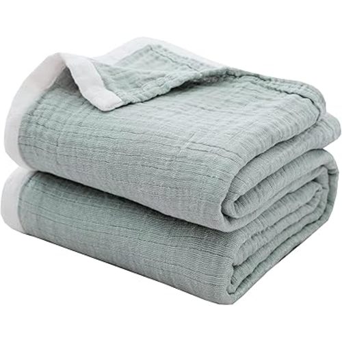 SE SOFTEXLY Cotton Muslin Blankets 4-Layer Blue Blankets for Bed Couch,Thermal Blanket for Adults Lightweight Soft Breathable Throw Blanket for All Season Gauze Blanket(90"x 102",Sage Green)