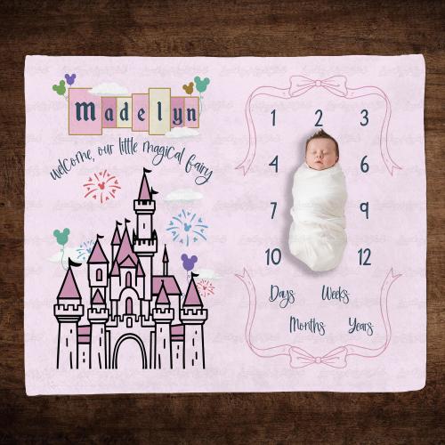 Personalized Disney Castle Milestone blanket, Disneyland Princess Castle Baby Shower Blanket, Magic Kingdom Castle Baby Girl Gift Blanket
