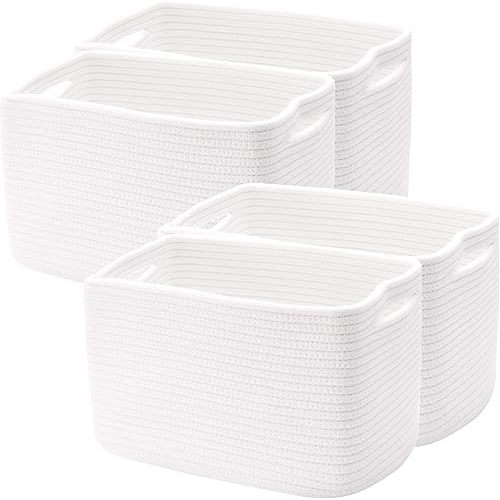 Set of 4 White Rope Basket for Shelves Woven Rectangle Storage Basket Bins for Nursery Toy Storage for Baby Girl 12.7" L x 9" W x 7.8" H