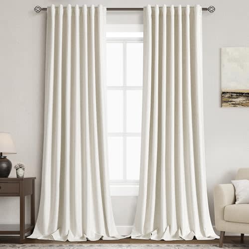 Nanspring Beige White Linen 100% Blackout Curtains 96 Inches Long Back Tab Rod Pocket Sound Absorbing Light Blocking 2 Panels Set for Dining Room Neutral Rustic Modern Farmhouse Curtain Drapes 52x96