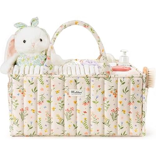 Maliton Floral Diaper Caddy Organizer, Stylish Nursery Storage Basket and Car Organizer for Diapers and Baby Wipes, Gift for Baby Shower, Newborn Essentials, Spring Floral