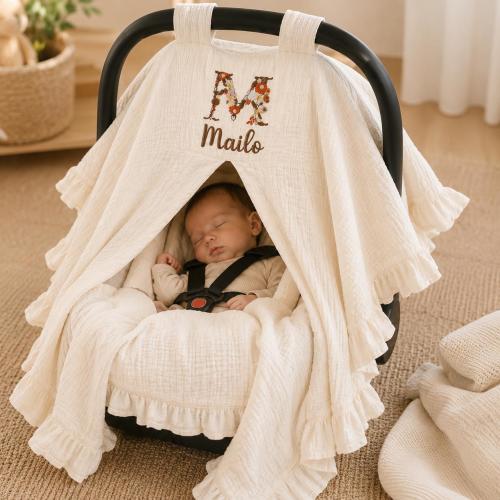 Personalized Muslin Car Seat Canopy Cover With Floral Initial, Custom Embroidered Baby Name for Boy or Girl, Stroller Blanket Gifts