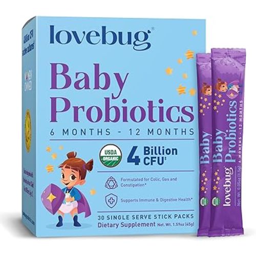 LOVEBUG Probiotics for Babies - Organic Baby Probiotics 6-12 Months for Baby Immune Support, Gas, Colic, Diarrhea & Infant Constipation Relief Sugar-Free, Tasteless Powder, 30 Pack