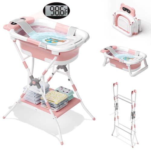COOSEYA Bañera para Bebé 2 en 1 con Soporte para Recién Nacidos y Bebés, Tina de Baño Plegable para Bebé, Regalos para Baby Shower para Nuevos Padres, Rosa