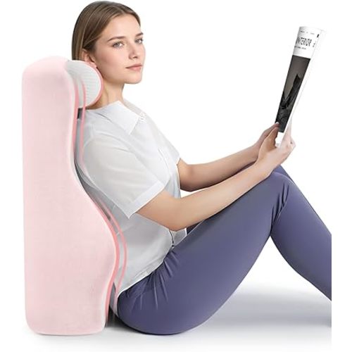 Ergonomic S Curve Reading Pillow for Sitting in Bed Adult- Back Pillow for Bed Sitting up with Adjustable Headrest- Memory Foam, Pink