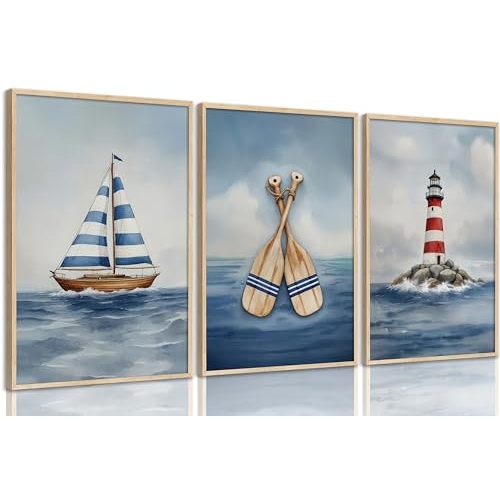 SEINEMBSC Blue Nautical Nursery Wall Art Vintage Sailboat Lighthouse Pictures Wall Decor Boy Coastal Posters Navy Sea Ocean Canvas Print Artwork for Kids Boys Room Playroom Bedroom Decor, Unframed