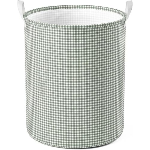 Sage Green Gingham Laundry Hamper, Collapsible Basket with Handle
