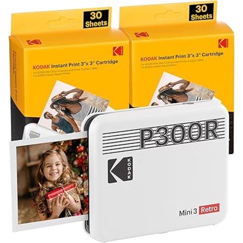 KODAK Mini 3 Retro 4PASS Portable Photo Printer (3x3 inches) Initial 8 Sheets + 60 Sheets Bundle, White