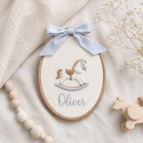 Personalized Rocking Horse Embroidery Hoop, Custom Baby Name Nursery Ornament, Baby Shower Gift, Vintage Baby Wall Decor