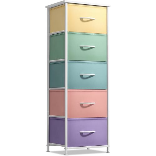 Sorbus Fabric Dresser for Kids Bedroom - Chest of 5 Drawers, Tall Storage Tower, Clothing Organizer, for Closet, for Playroom, for Nursery, Steel Frame, Fabric Bins - Wood Handle (Pastel)