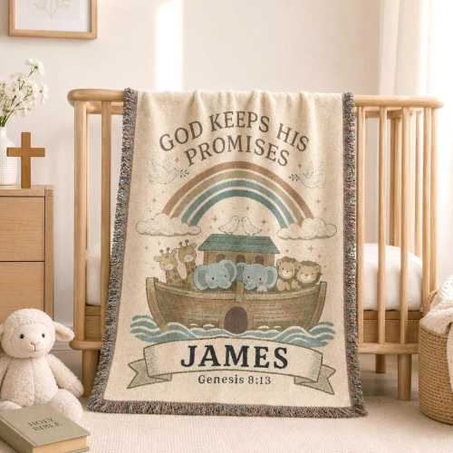Personalized Noahs Ark Woven Blanket, Custom Name and Date Christian Blanket,God Keeps His Promises,Custom Baptism/Christening Keepsake Gift