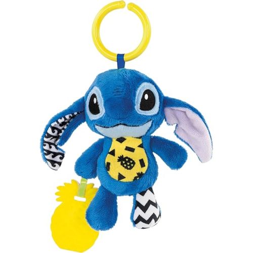 Clementoni Disney Plush Stitch for on the Go - Soft Hanging Toy with Multi-Sensory Elements, Rattle and Various Fabrics, Washable, Promotes Sensory Development, from 3 Months